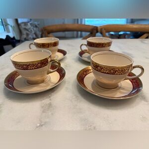 Cream and Burgundy Porcelain Tea Cup and Saucer Set - 4 Pc eggshell nautilus